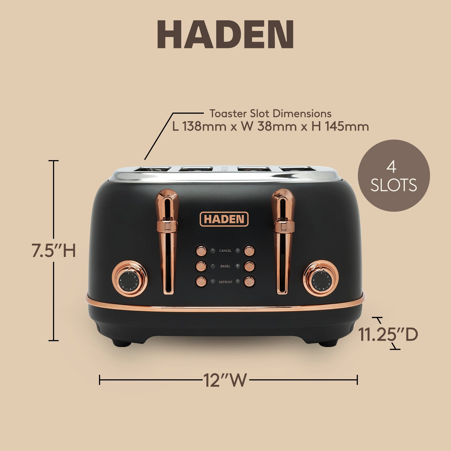 Haden Heritage 4 Slice Wide Slot Stainless Steel Toaster, Black & Copper