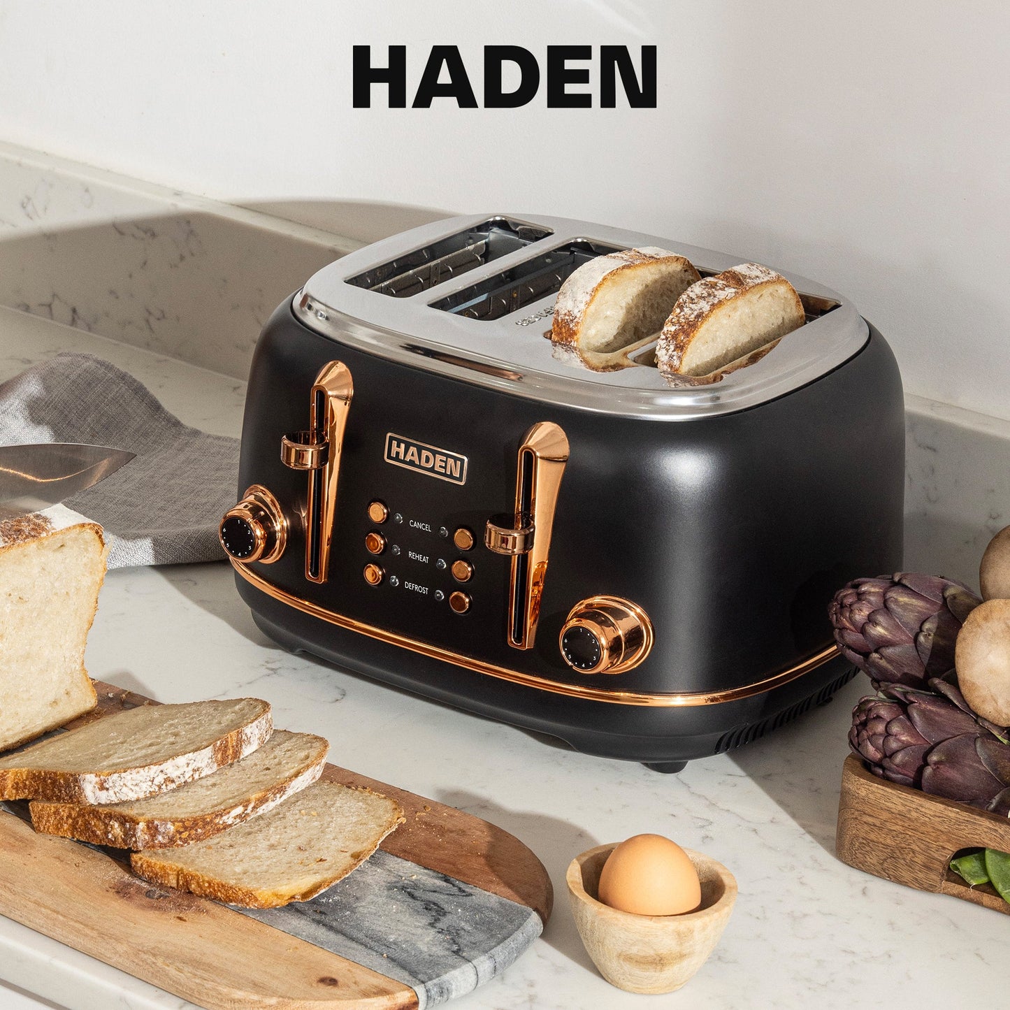 Haden Heritage 4 Slice Wide Slot Stainless Steel Toaster, Black & Copper