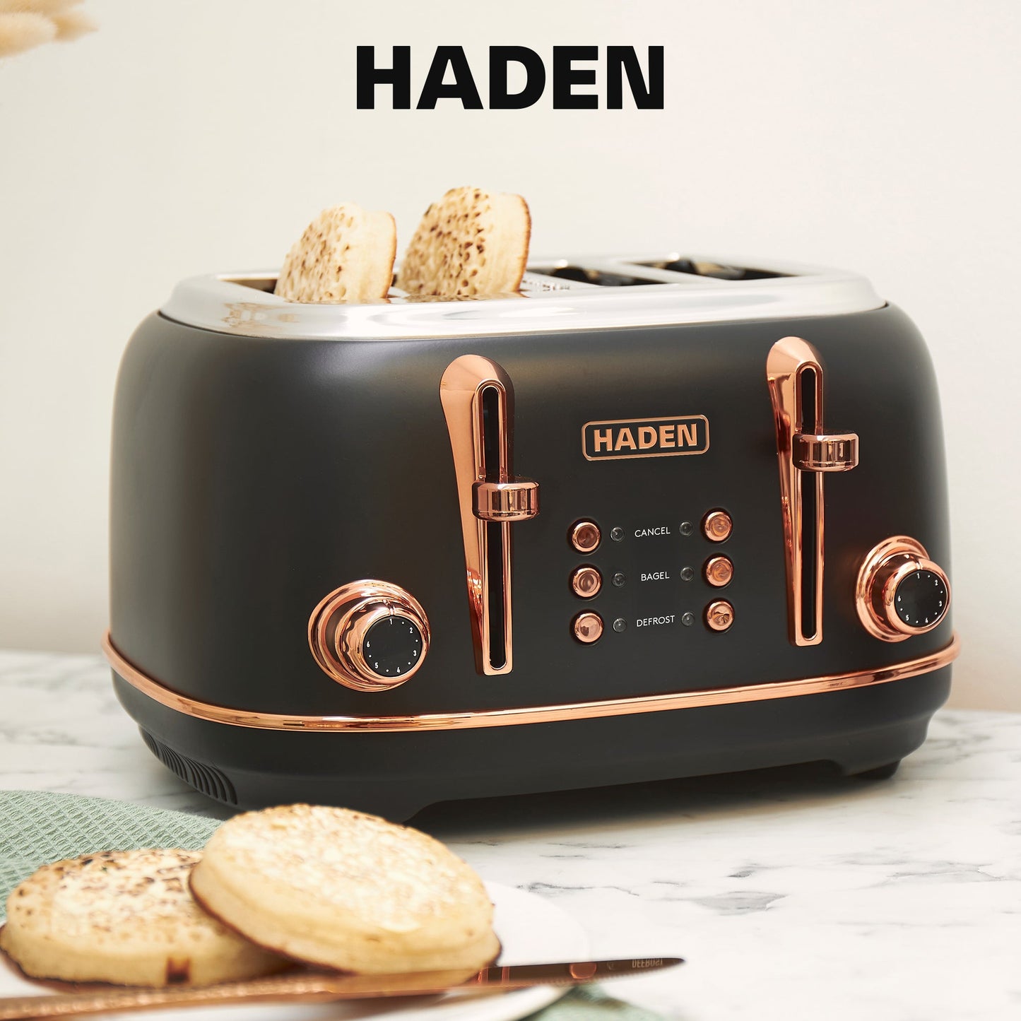 Haden Heritage 4 Slice Wide Slot Stainless Steel Toaster, Black & Copper