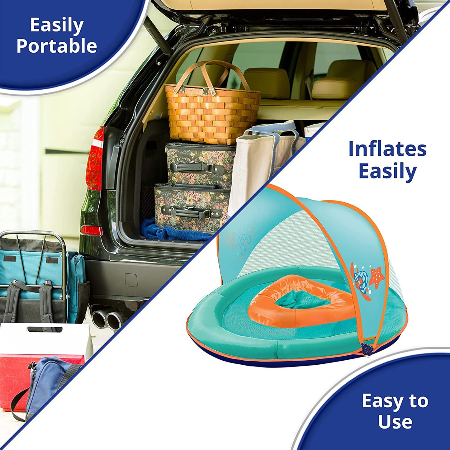 SwimSchool Baby Boat Float w/ Adjustable Safety Seat & Sun Shade Canopy, Orange