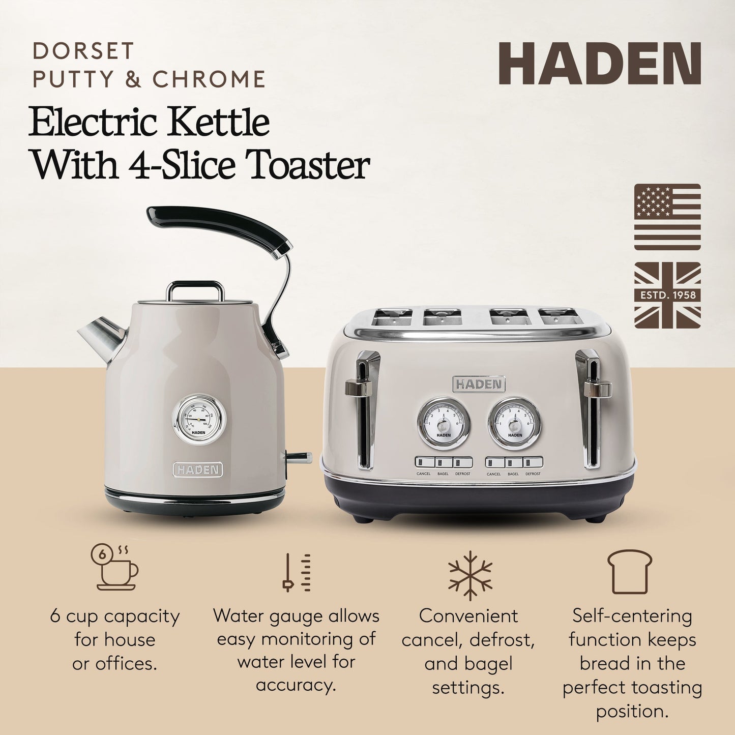 Haden Dorset 4 Slice Wide Slot Toaster & Electric Water Kettle, Putty & Chrome