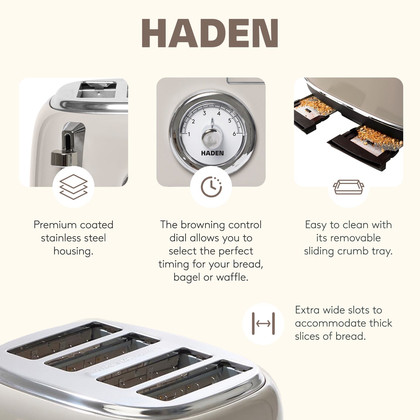 Haden Dorset 4 Slice Wide Slot Toaster & Electric Water Kettle, Putty & Chrome