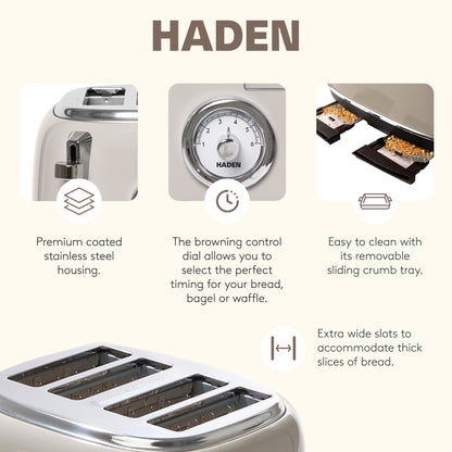Haden Dorset 4 Slice Wide Slot Toaster & Electric Water Kettle, Putty & Chrome