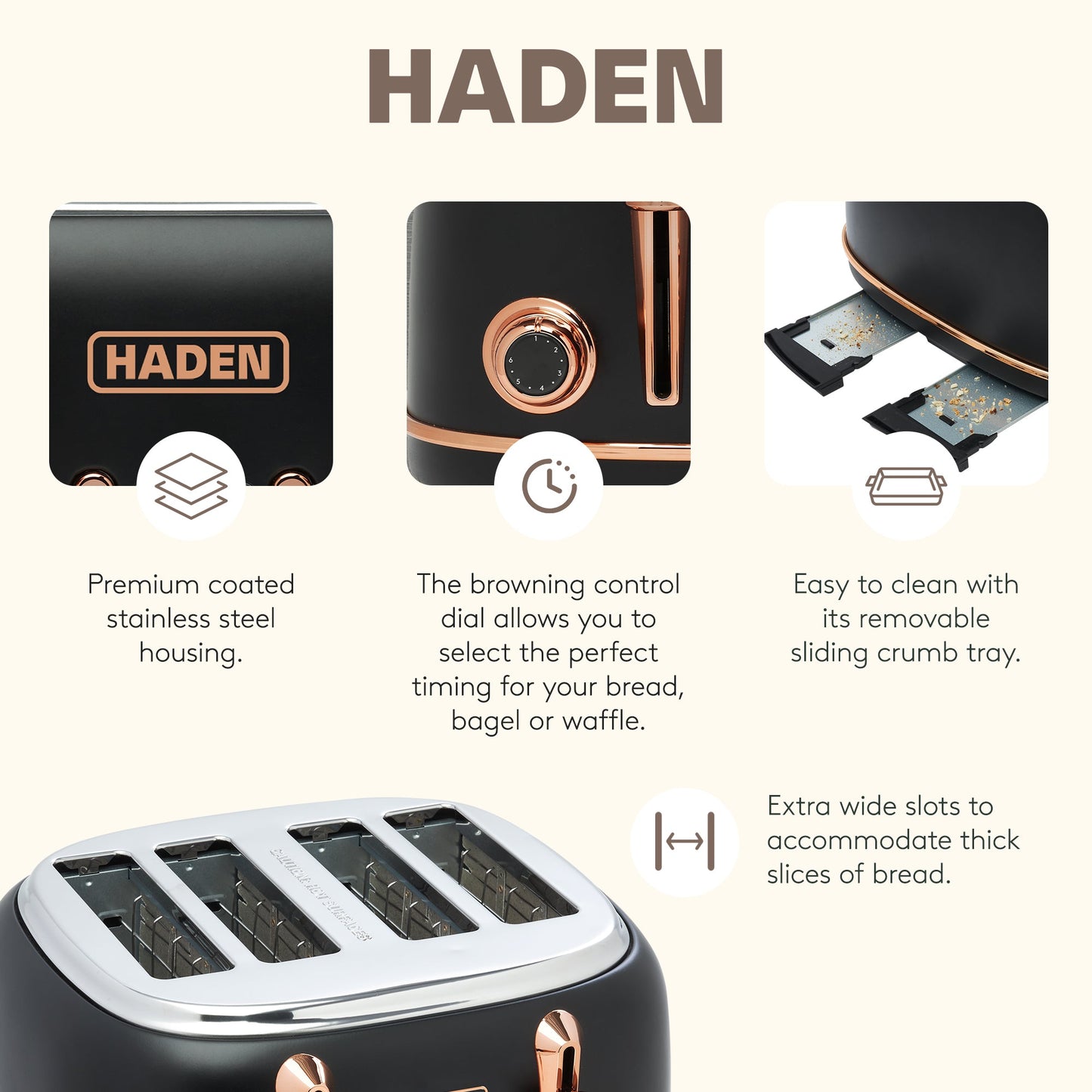 Haden Heritage 4 Slice Wide Slot Toaster & Electric Kettle, Black & Copper
