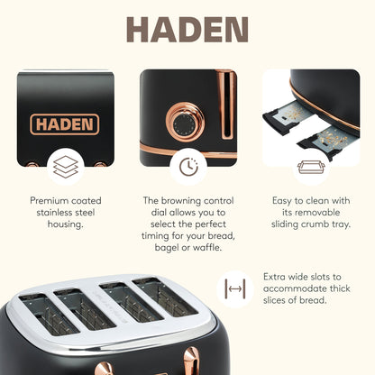 Haden Heritage 4 Slice Wide Slot Toaster & Electric Kettle, Black & Copper