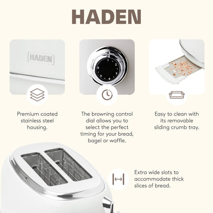 Haden 12 Cup Coffee Maker with 2 Slice Wide Stainless Steel Bread Toaster, White