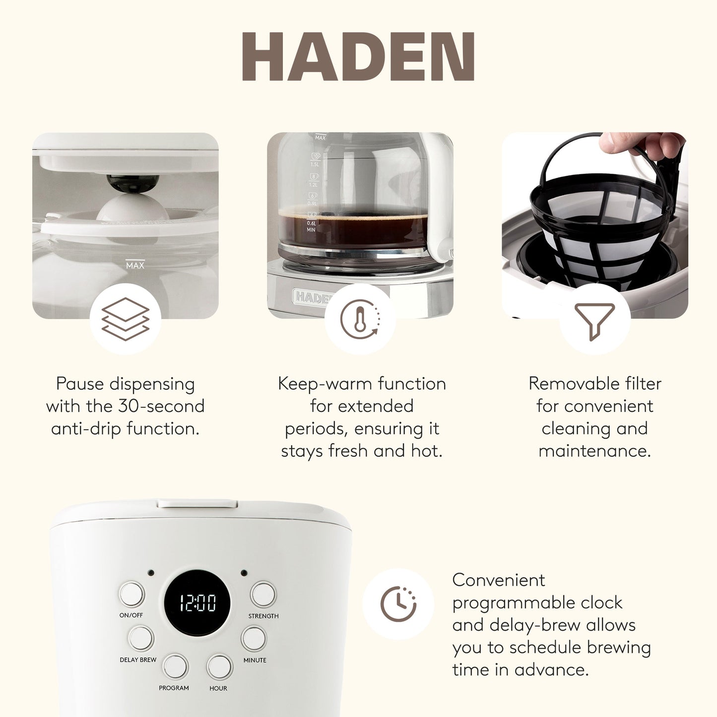 Haden 12 Cup Coffee Maker with 2 Slice Wide Stainless Steel Bread Toaster, White