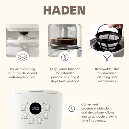 Haden 12 Cup Coffee Maker with 2 Slice Wide Stainless Steel Bread Toaster, White