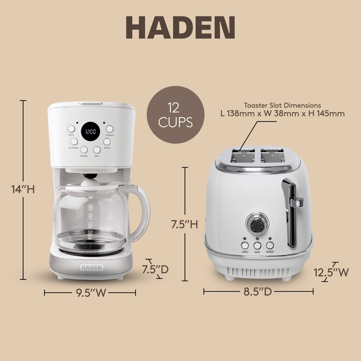 Haden 12 Cup Coffee Maker with 2 Slice Wide Stainless Steel Bread Toaster, White