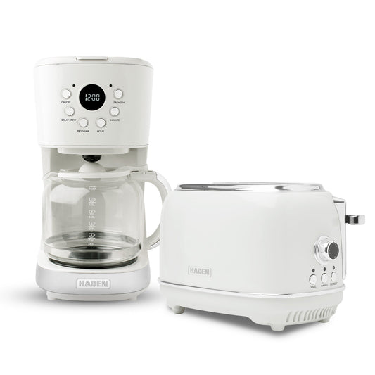 Haden 12 Cup Coffee Maker with 2 Slice Wide Stainless Steel Bread Toaster, White