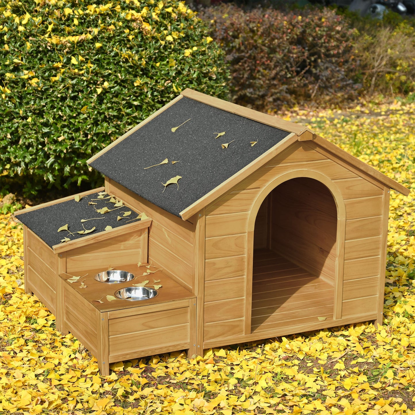 51.18" L x 43.7" W x 37" H Large Size Wooden Dog House, Dog Crate For large dog breeds, Cabin Style Raised Dog Shelter with Asphalt Roof, Solid Wood, Weatherproof, Nature