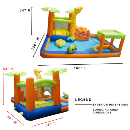 Banzai Safari Splash Water Park Inflatable Bouncer Slide with Cannon and Blower