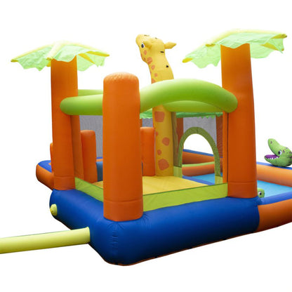 Banzai Safari Splash Water Park Inflatable Bouncer Slide with Cannon and Blower