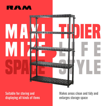 Ram Quality Products Extra 5 Tier Plastic Storage Shelf Unit for Garage, Black