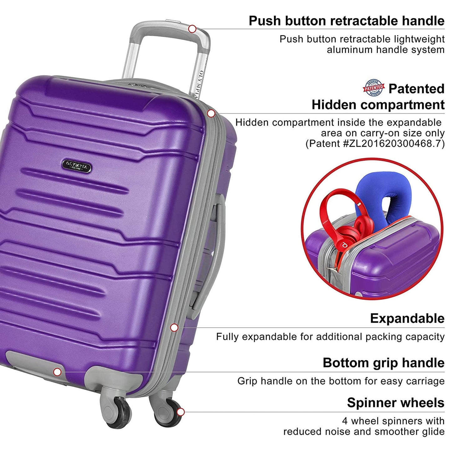 Olympia Denmark 21" Expandable Carry On 4 Wheel Spinner Luggage Suitcase, Purple