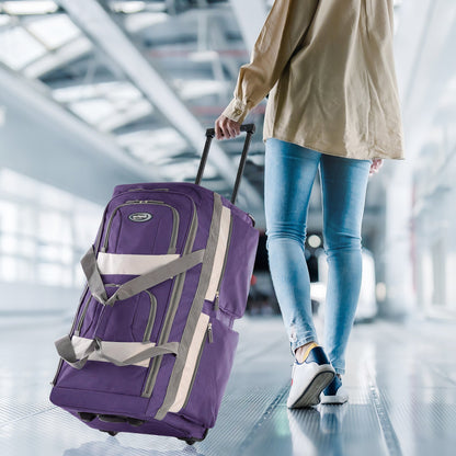 Olympia 22 Inch 8 Pocket Rolling Duffel Bag w/ Retractable Handle, Dark Lavender