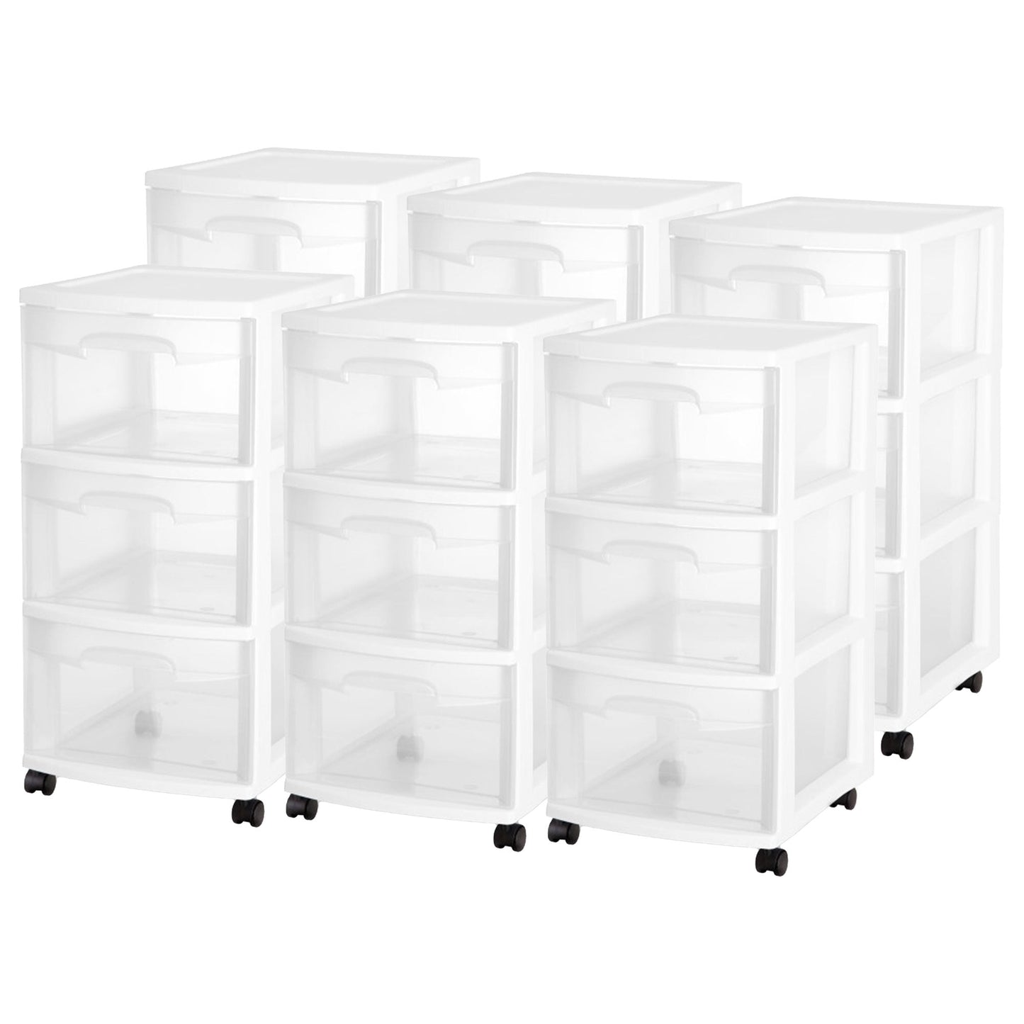Sterilite 3 Drawer Storage Cart, Plastic Rolling Organizer with Wheels, 6 Pack