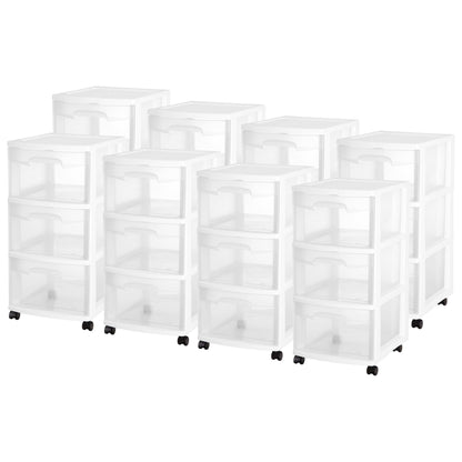 Sterilite 3 Drawer Storage Cart, Plastic Rolling Organizer with Wheels, 8 Pack
