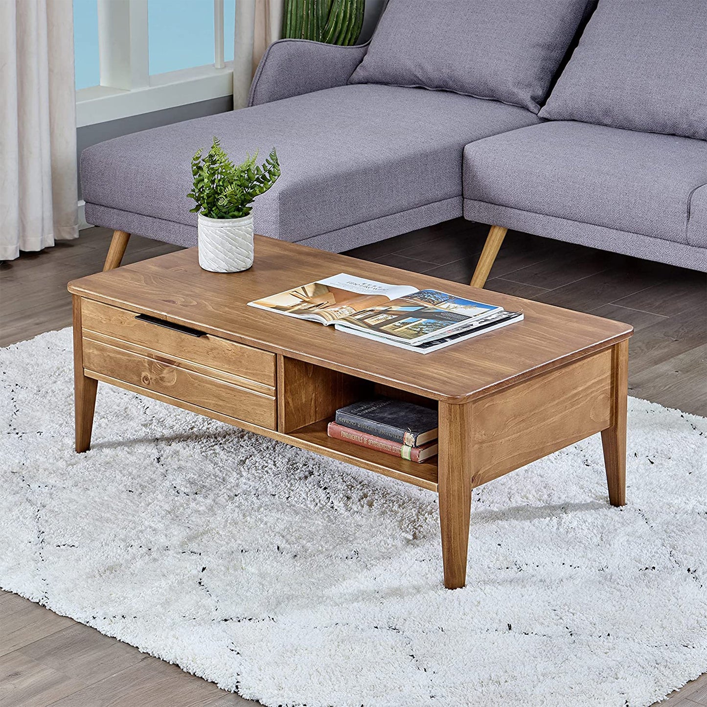 MUSEHOMEINC Mid Century Modern Rectangular Coffee Table with Drawer, Honey Brown