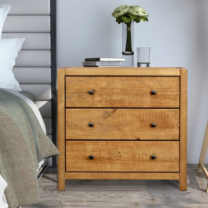 MUSEHOMEINC Rustic Style Wooden 3 Drawer Storage Dresser Nightstand, Oak Finish