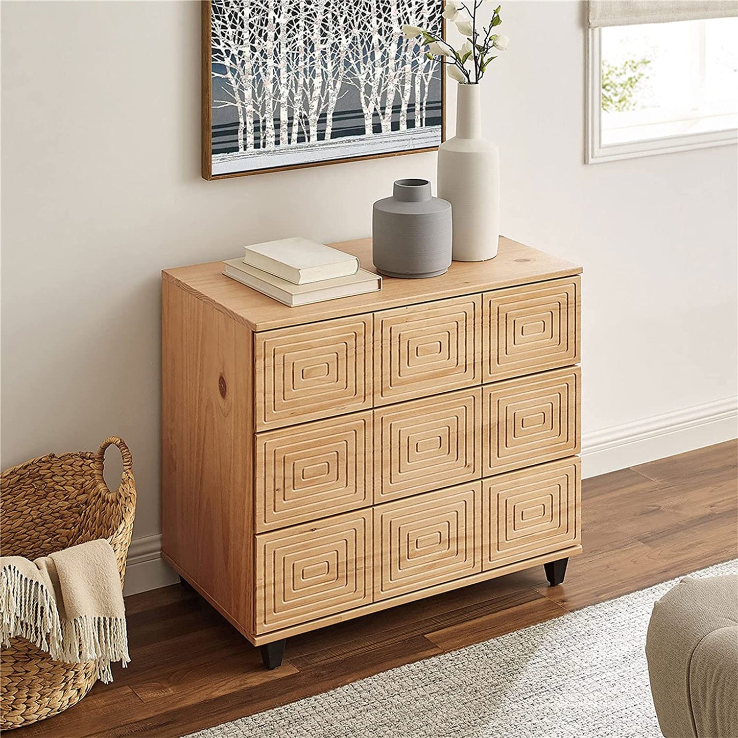 MUSEHOMEINC Solid Wood 3 Drawer Dresser Nightstand Chest of Drawers, Wood Style
