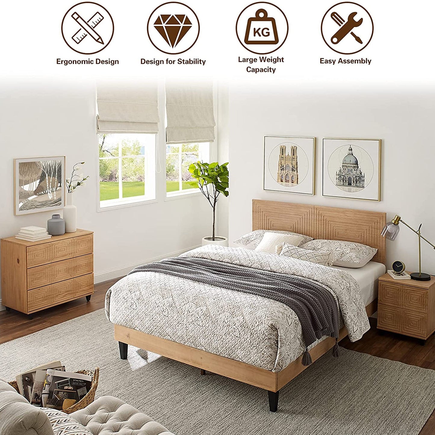 MUSEHOMEINC Solid Wood 3 Drawer Dresser Nightstand Chest of Drawers, Wood Style