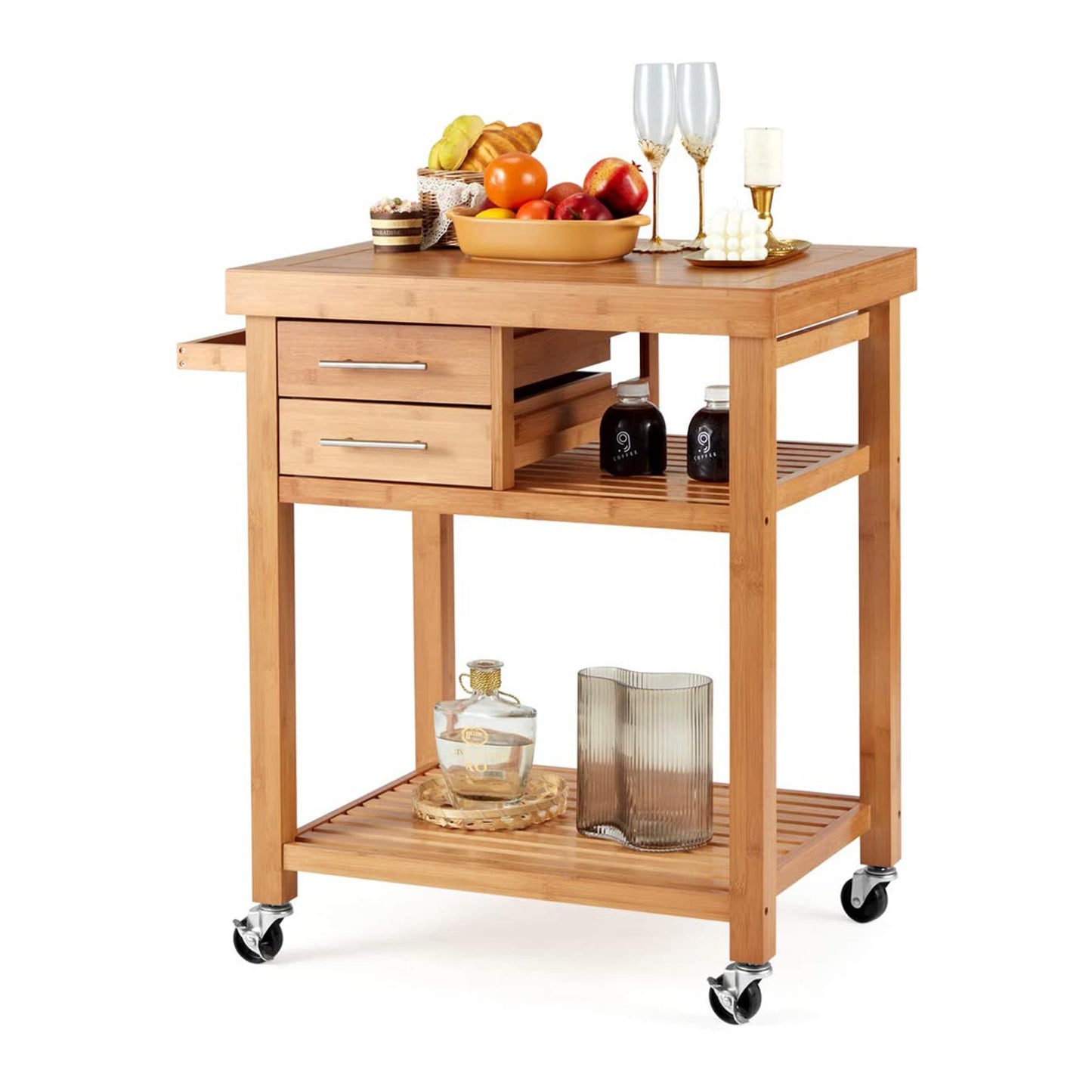 EROMMY Multipurpose Rolling Bamboo Wood Kitchen Island Trolley Cart, Natural