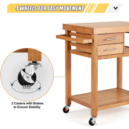 EROMMY Multipurpose Rolling Bamboo Wood Kitchen Island Trolley Cart, Natural
