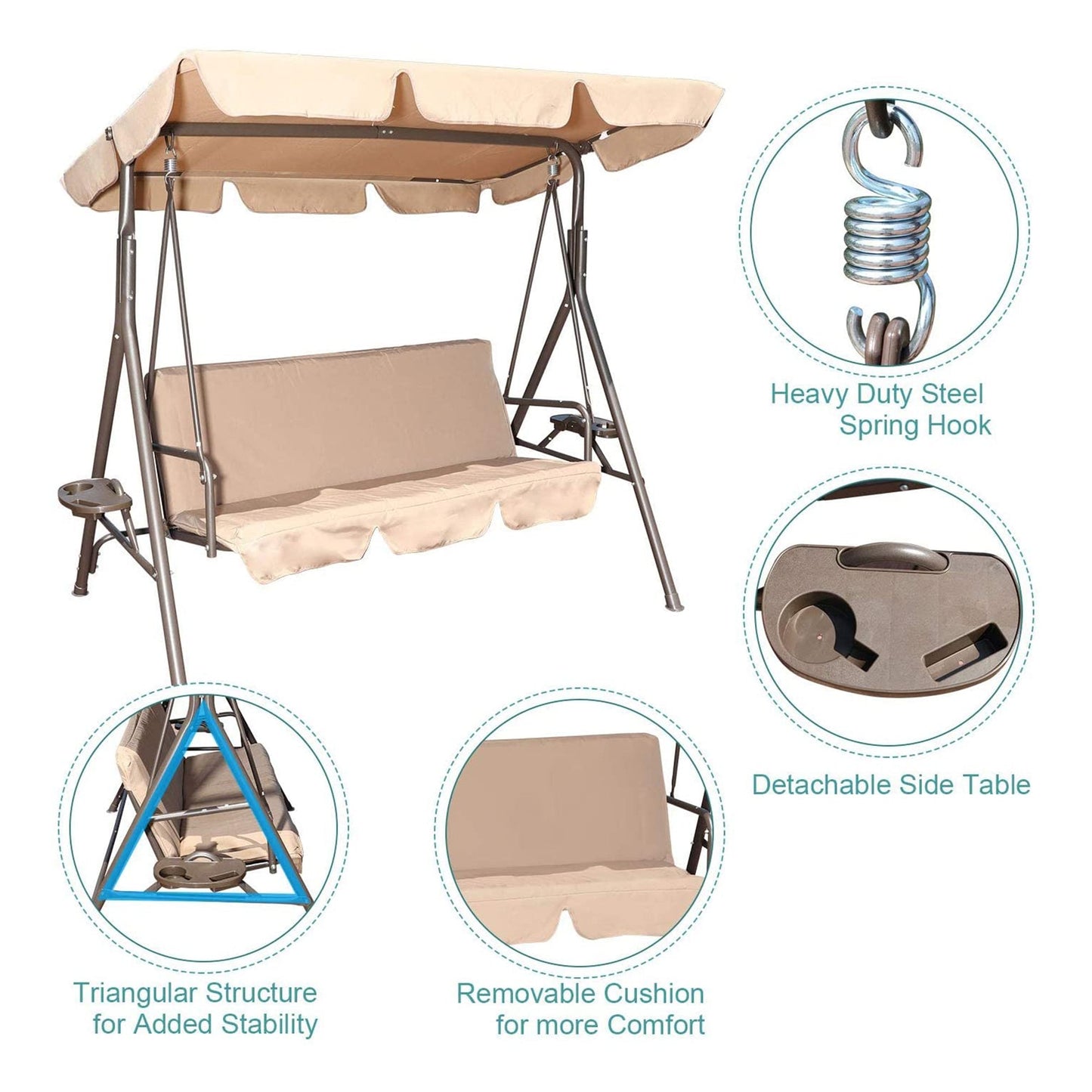 GOLDSUN 3 Person Swing Hammock w/Utility Tray, Removable Cushion & Canopy, Beige