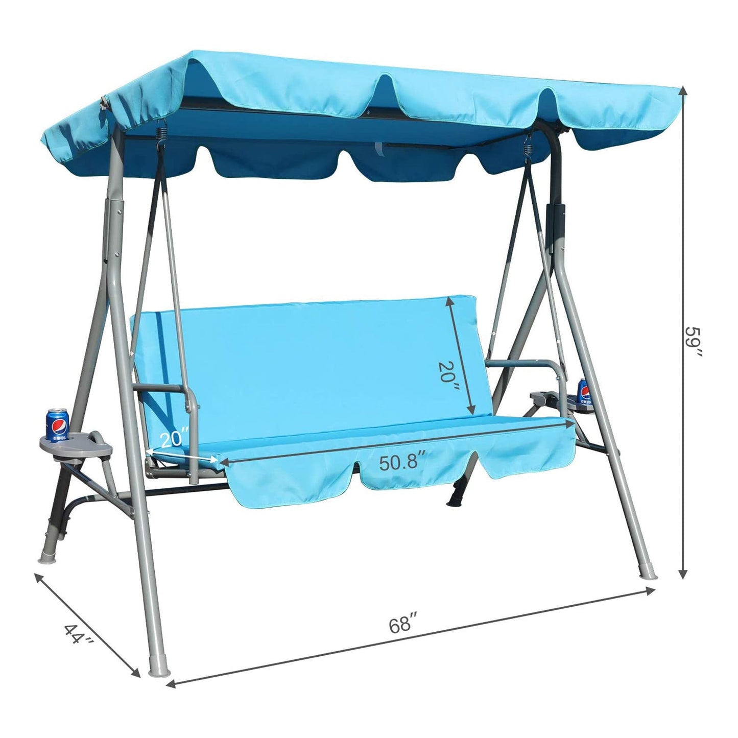 GOLDSUN 3 Person Swing Hammock w/Utility Tray, Removable Cushion & Canopy, Blue