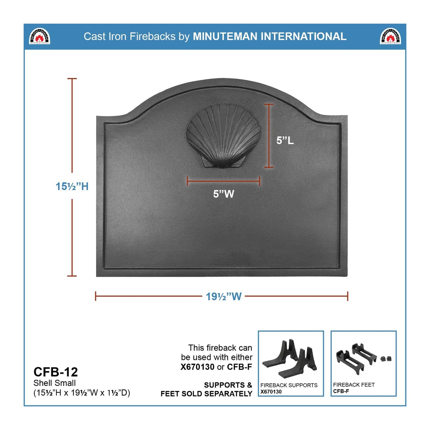 Minuteman International CFB-12 Cast Iron Shell Fireplace Fireback, Small, Black