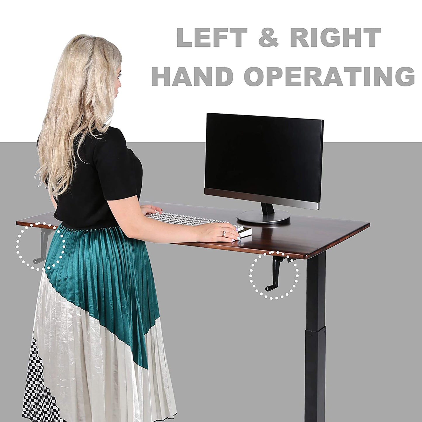 SDADI Adjustable Height Steel Frame Standing Desk, Crank Adjust, Black/Teak