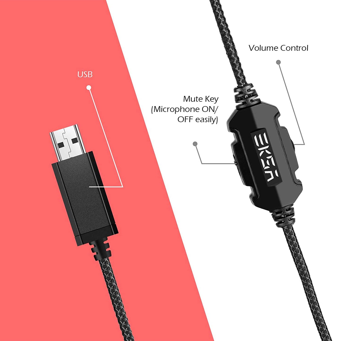EKSA RGB Plug In USB Gaming Headset for PC, PS4, and PS5 with Microphone, Red