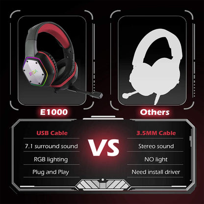 EKSA RGB Plug In USB Gaming Headset for PC, PS4, and PS5 with Microphone, Red