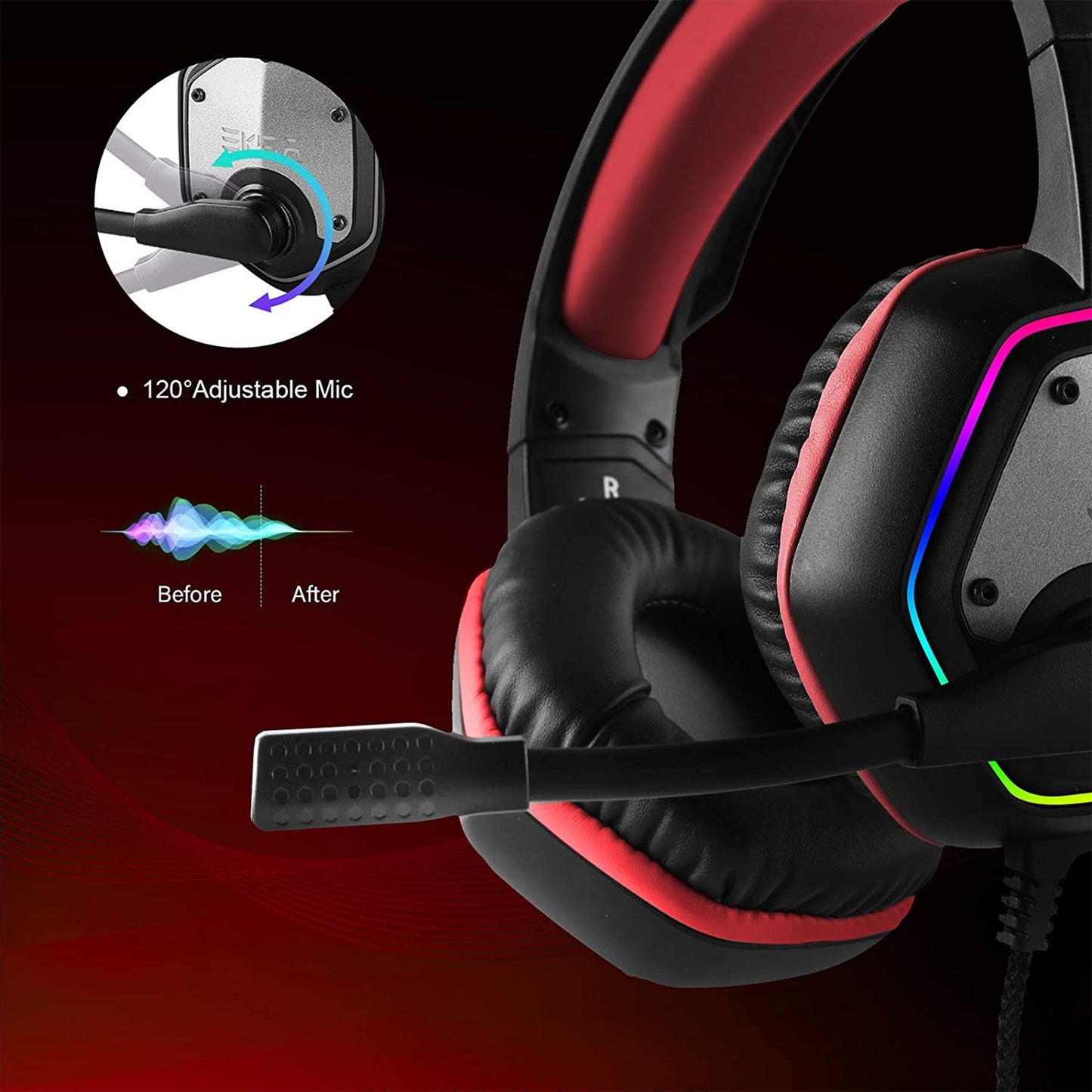 EKSA RGB Plug In USB Gaming Headset for PC, PS4, and PS5 with Microphone, Red