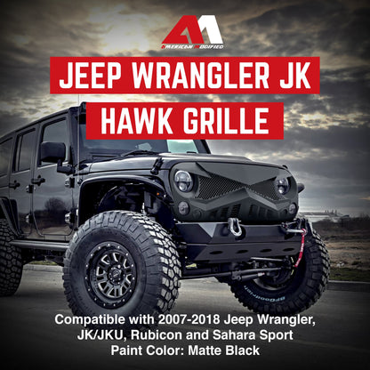 American Modified Front Hawke Grille for 2007 to 2018 Jeep Models, Matte Black