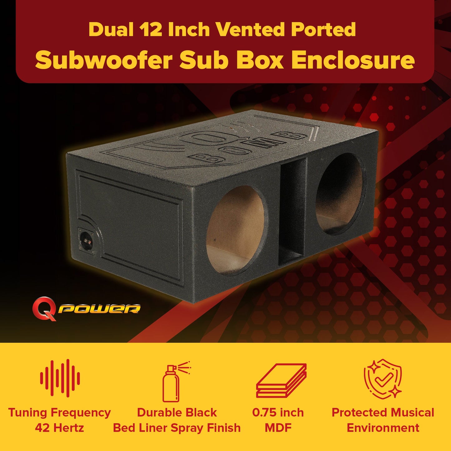QPower QBOMB12VL Dual 12 Inch Vented Ported Car Subwoofer Sub Box Enclosure