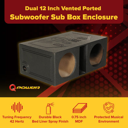 QPower QBOMB12VL Dual 12 Inch Vented Ported Car Subwoofer Sub Box Enclosure