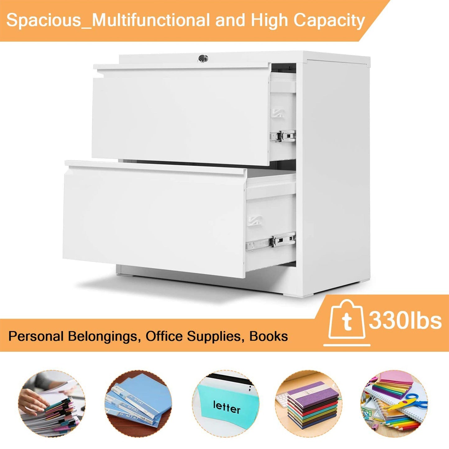 AOBABO 28 Inch Locking 2 Drawer Metal Office Storage Filing Cabinet, White