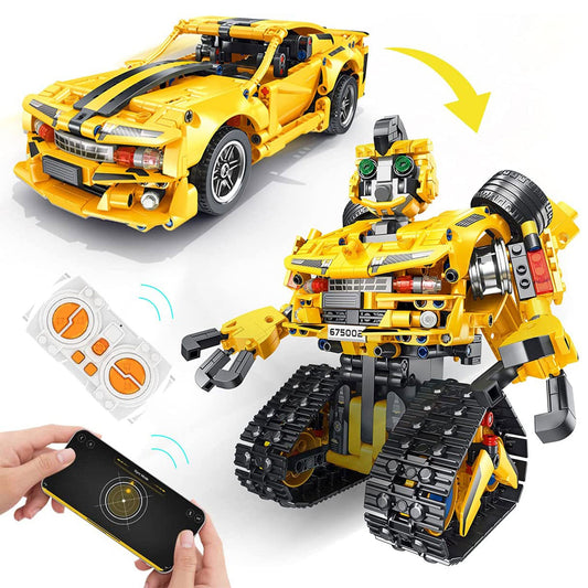 PANLOS 2 in 1 Programmable Remote Control Car Robot Buildable Playset, Yellow