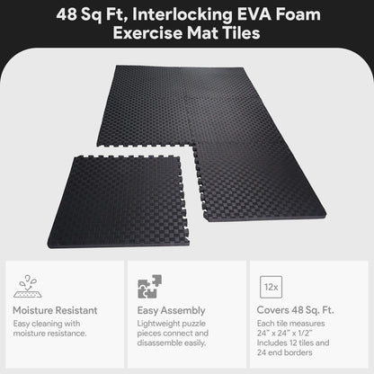 BalanceFrom Fitness 48 Sq Ft Interlocking EVA Foam Exercise Mat Tiles, Black