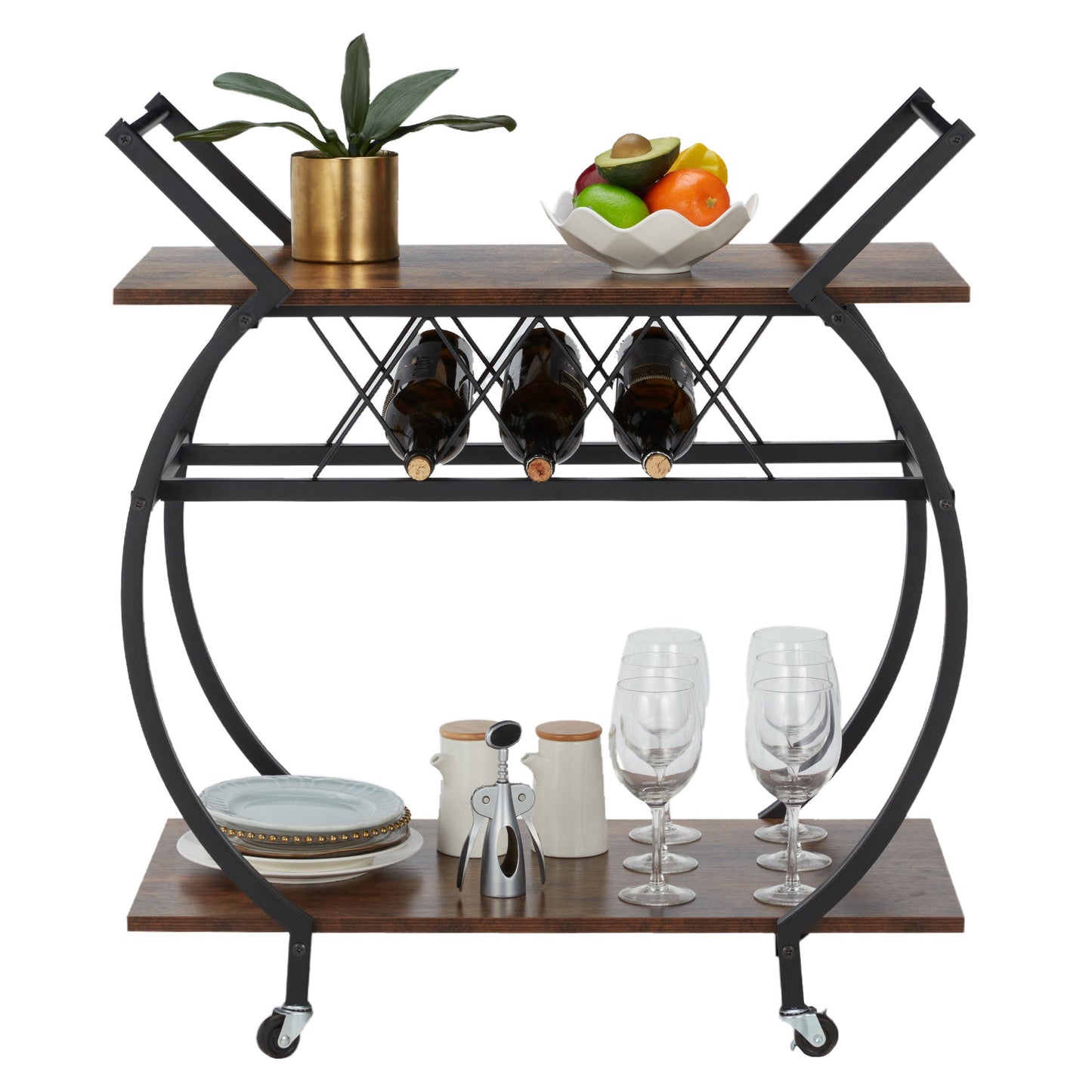 Jomeed Wood and Metal Portable Kitchen Bar or Coffee Cart with Wine Rack, Brown