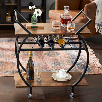 Jomeed Wood and Metal Portable Kitchen Bar or Coffee Cart with Wine Rack, Brown