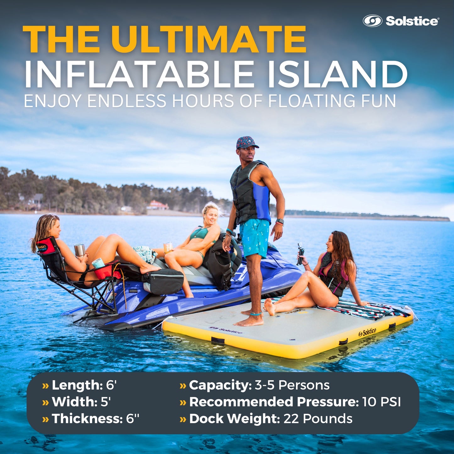 Solstice 6 x 5 ft Inflatable Floating Dock Rafting Platform w/Pump & Bag, Multi