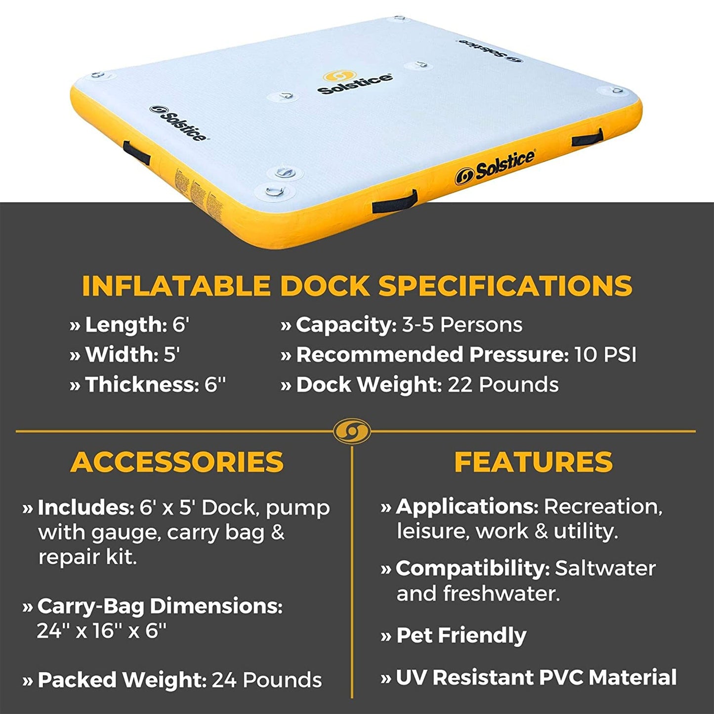 Solstice 6 x 5 ft Inflatable Floating Dock Rafting Platform w/Pump & Bag, Multi