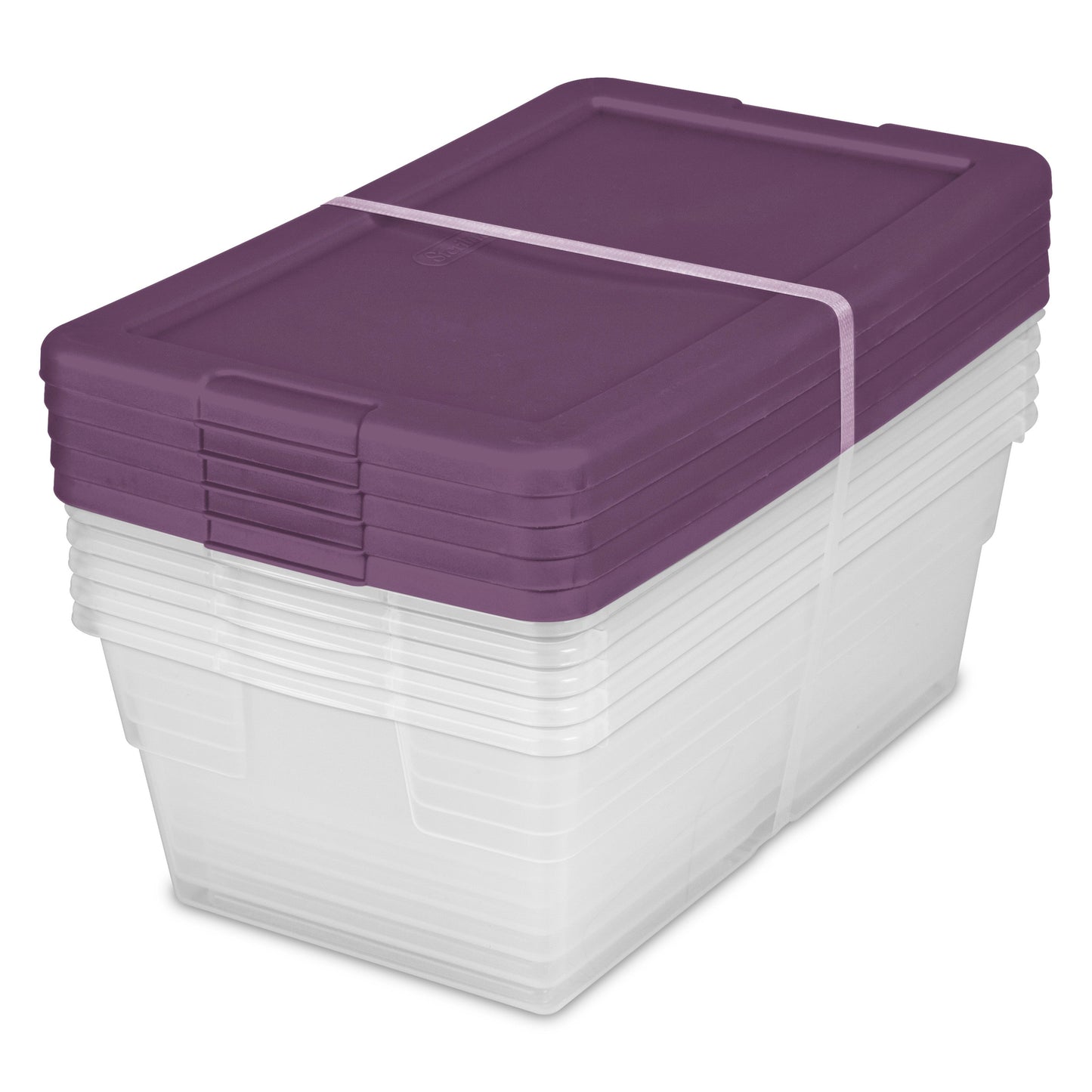 Sterilite Stackable 6 Qt Storage Box Container, Clear, Moda Purple Lid, 5 Pack