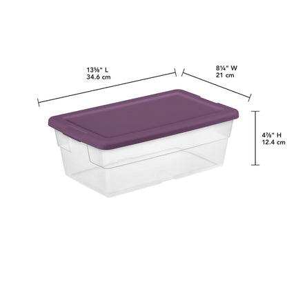 Sterilite Stackable 6 Qt Storage Box Container, Clear, Moda Purple Lid, 5 Pack
