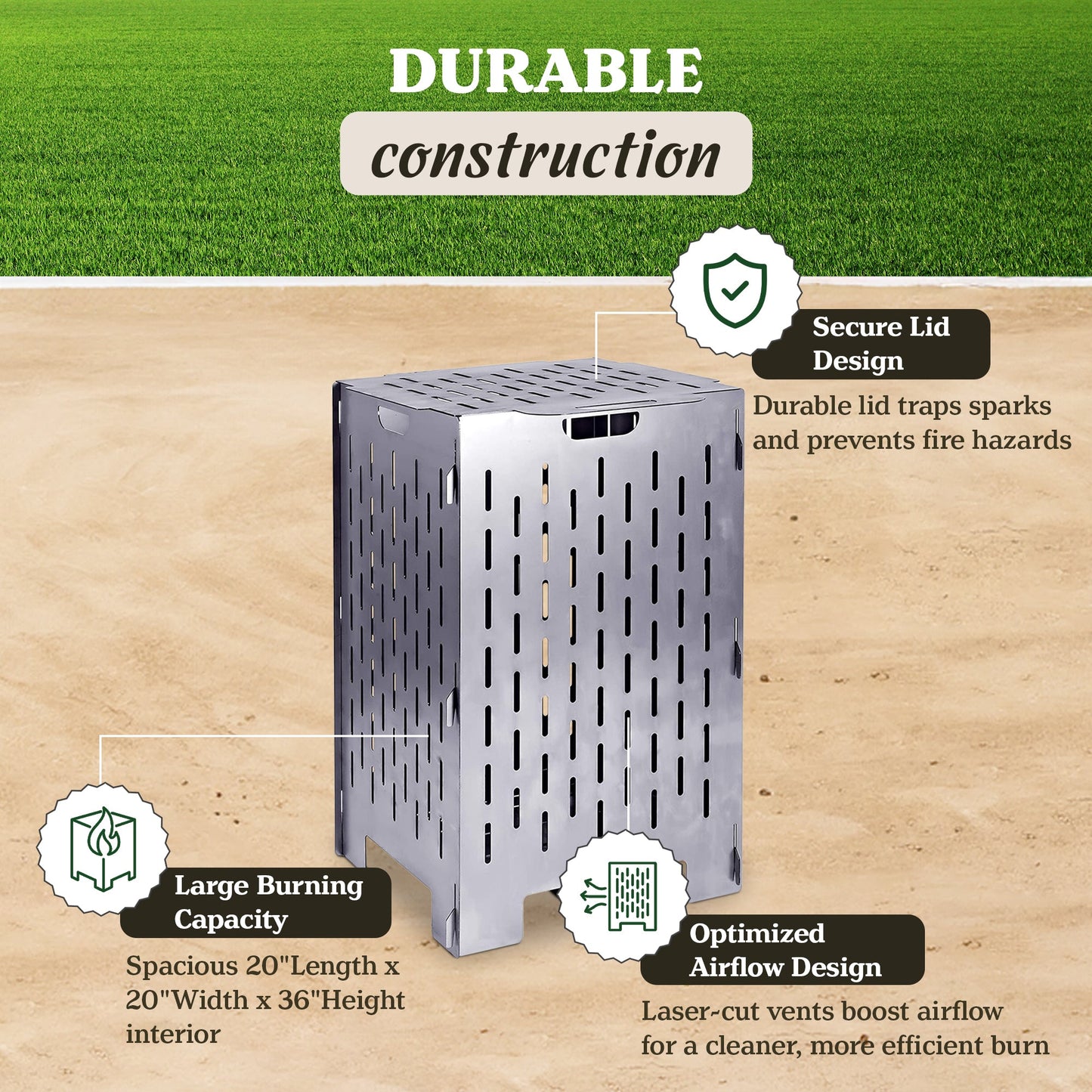 Yard Tuff YTF-202036BC 20 x 20 x 36 Inch Steel Burn Cage with Vent Holes, Gray