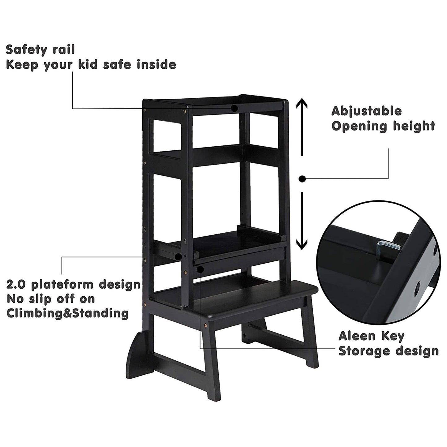 SDADI LT05G Mother's Helper Adjustable Height Kids Kitchen Step Stool, Black