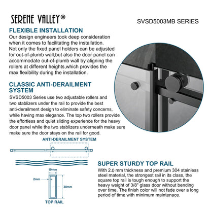 Serene Valley 68 x 74 Inch Square Rail Frameless Sliding Shower Door, Black